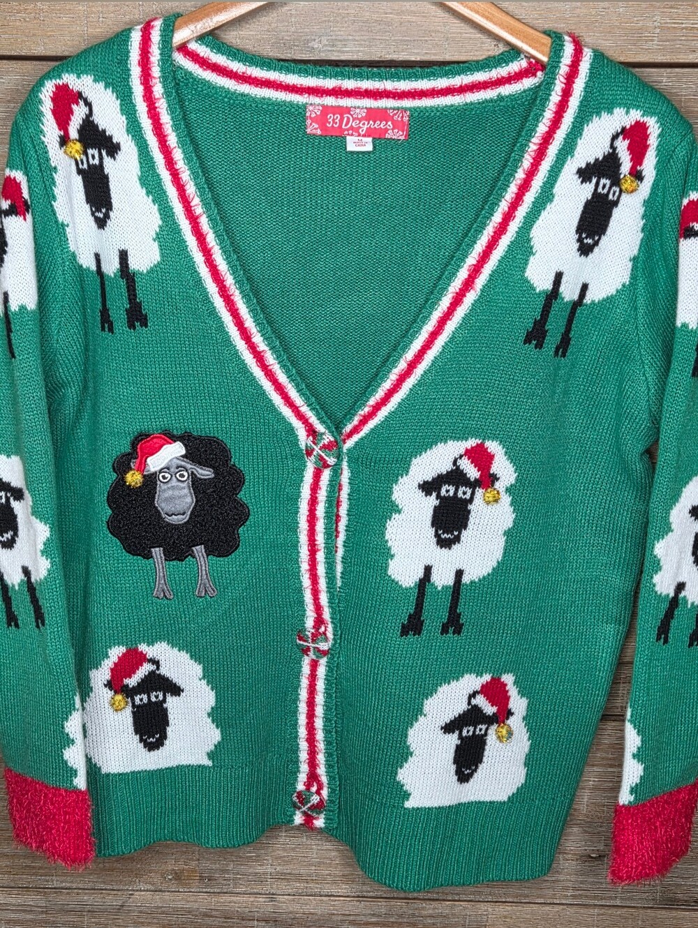 33 Degrees Green Ugly Christmas Sweater Cardigan Bah Humbug Black Sheep Medium
